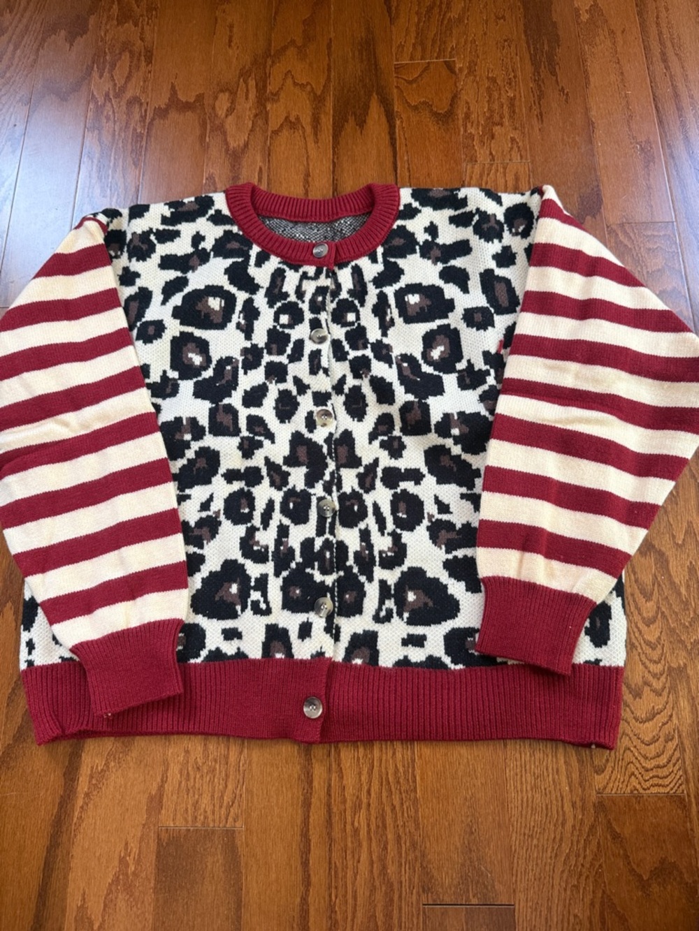SALE, TIDAY ONLY! PRICE FIRM! Leopard Print Cardigan Stripe Sleeve Button Front - Picture 7 of 10